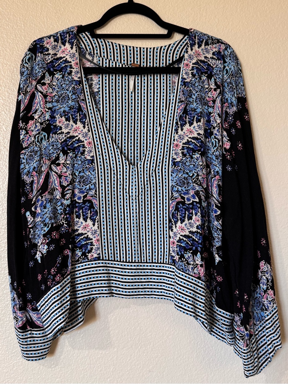 Free People Mix N Match Blouse Black Combo Floral Stripe Boho V-Neck Large